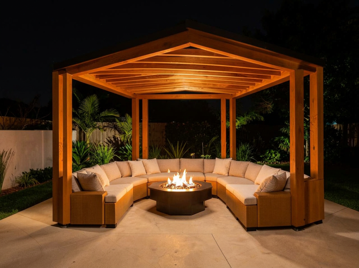 Covered pergola lounge with fire table at night